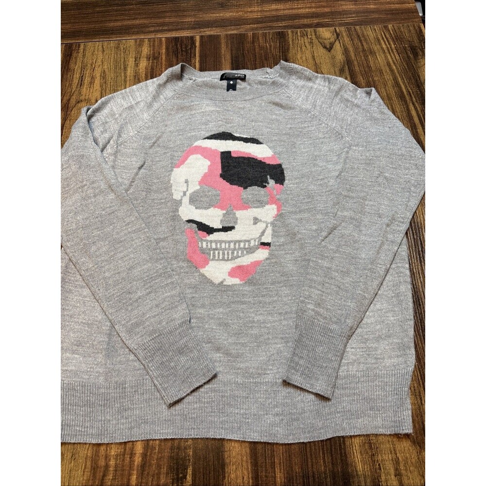 AQUA Pink Camo Skull Grey Sweater Size Small